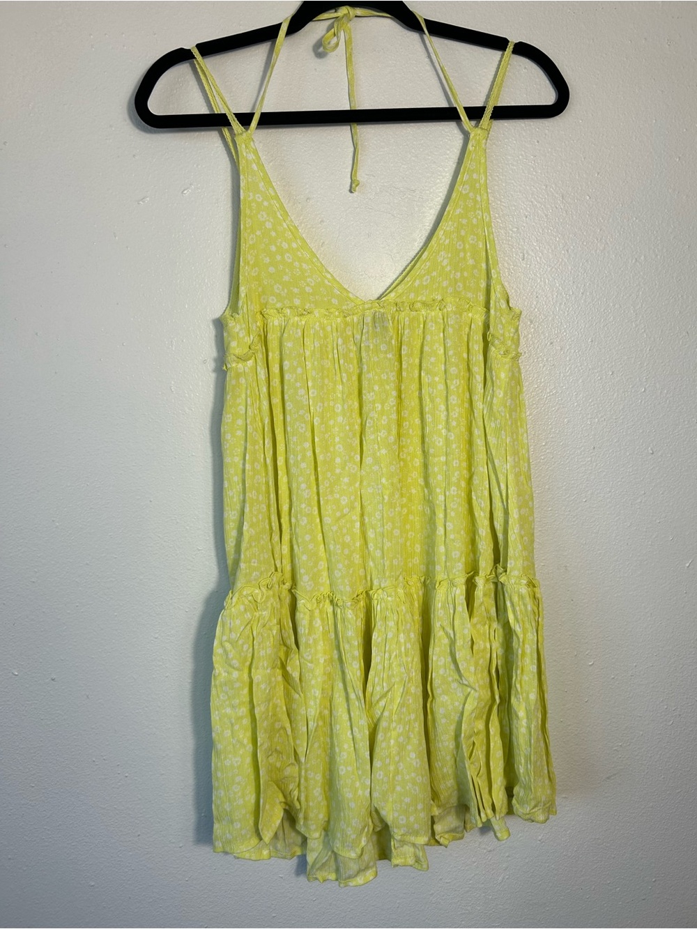 Wild Fable Yellow Floral Mini Dress XS Halter Babydoll Tiered Ruffle Boho Rayon - Picture 4 of 6